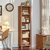SAVOR LIFE Narrow Brown Book Shelf, 69" Tall Skinny Bookshelf with Adjustable Shelves & Wooden Legs, Farmhouse Wood Bookcase w/5-Tier Open Storage, Free Standing Book Case for Office, Living Room