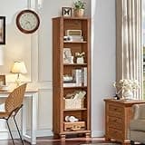 SAVOR LIFE Narrow Brown Book Shelf, 69" Tall Skinny Bookshelf with Adjustable Shelves & Wooden Legs, Farmhouse Wood Bookcase w/5-Tier Open Storage, Free Standing Book Case for Office, Living Room