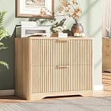 Halitaa Lateral File Cabinet with 2 Drawers, Fluted File Cabinet for Letter/Legal/A4 Size Hanging Files, Large Wood File Storage Cabinets Printer Stand for Home Office Cabinets, Natural Oak