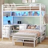 MSmask Gaming Bunk Bed with L Desk, Heavy-Duty Bunk Beds with 3 Cube Bookshelf, Led Lights, Charging Station, Twin Over Twin Size Loft Bed with Safety Guardrail, Utilizing Space, White
