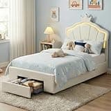 YunKiTech Twin Size Upholstered Princess Bed Frame with Crown Headboard, LED Lights & Storage Drawers, Padded Safety Edge Platform Bed Frame No Box Spring Needed for Girls Bedroom(White)