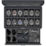 ROTHWELL Luxury Watch Box for 12 Watches – PU Leather Watch Box with Real Glass Lid – Slide out Accessory Drawer with Multiple Compartments (Carbon)