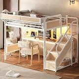 Bellemave Full Size Loft Bed Frame with Desk, LED,Wardrobe,USB, White