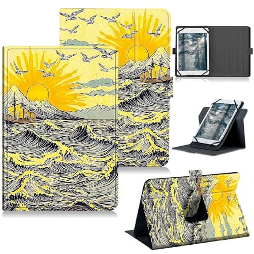 RWUTYTIUL Universal Tablet Case for T-Mobile Revvl Tab 2 10.1" 2025/Revvl Tab 5G 10.36" 2023, 360 Degree Rotating Kickstand Protective Stand PU Leather Shell Cover for 9"-10.5", Sunset Waves