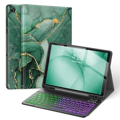Soke Keyboard Case for Samsung Galaxy Tab A11 Plus/A11+ 11 inch 2025(SM-X230/X236/X238) - 7 Color Backlight Wireless Detachable Folio Keyboard Cover with S Pen Holder, Green Marble