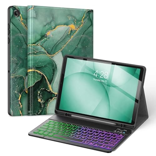 Soke Keyboard Case for Samsung Galaxy Tab A11 Plus/A11+ 11 inch 2025(SM-X230/X236/X238) - 7 Color Backlight Wireless Detachable Folio Keyboard Cover with S Pen Holder, Green Marble