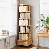 BIGTO Bookcase 18.1"*18.1"*68.1", MDF 6 Tier Rotating 360° Display Round Spinning Bookshelf with Wheels and Drawer Home Furniture