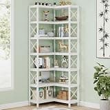 LOVEZOE 7 Tier Corner Bookshelf, 79 Inch Tall Industrial Bookcase for Living Room Bedroom, Metal Frame with X Bars, Black, 23.6” L x 23.6” D x 79” H