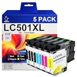 Uiprint 5 Pack High Yield LC501XL LC501 Ink Cartridges for Brother Printer MFC-J1360DW MFC-J1410DW MFC-J1260W Replacement for Brother LC501XL LC501 Series Inks, Up to 3000 Pages(2BK/C/M/Y)