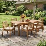 THINK 30 7-Piece Acacia Wood Outdoor Dining Set, Modern Patio Dining Furniture Set, 6 Chairs with Cushions, Handwoven Cord, for Lawn, Backyard, Garden Deck, Poolside, Teak