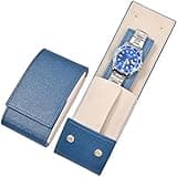 MGZKV Travel Leather Watch Pouch/Watch Travel Case with Suede Lining/Luxury Leather Travel Watch Case Single Watch Pouch for Men and Women (Blue/White, 1-Slot)