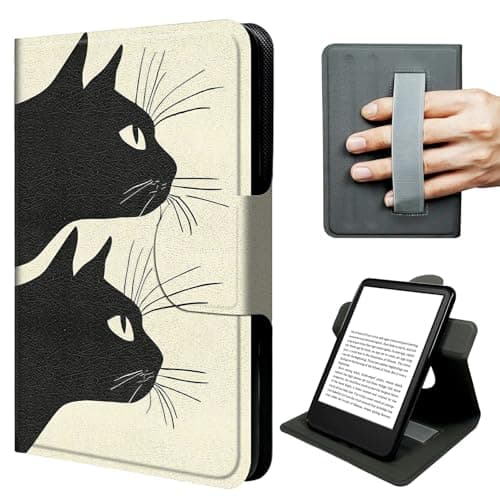 JNFBWULO Case for Fire HD 8 Tablet (8th/7th/6th Gen, 2018/2017/2016), 360° Rotating Stand Cover with Elastic Hand Strap, Auto Sleep Wake, Textured Leather Protective Case - Black Cats Peek