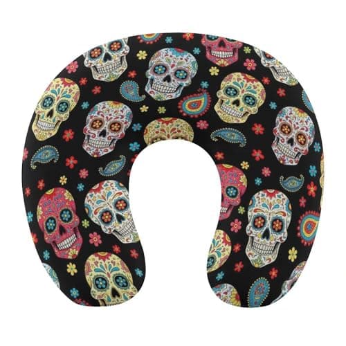 JZDACH Cute Decorative Travel Neck Pillow Memory Foam Chin Cushion Vintage Paisley Sugar Skull, Washable Cover for Women Airplane Car Home Sleeping Rest