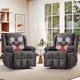HAOMARKETS Manual Recliners Set of 2 with Massage and Heat for Adults, Breathable Fabric Recliner Chair with 2 Cup Holders & Side Pockets, Overstuffed Heavy Duty Reclining Sofa for Living Room, Grey