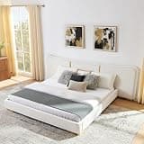 KEIKI King Platform Bed Frame, Soft Chenille Headboard, Metal Legs, Beige