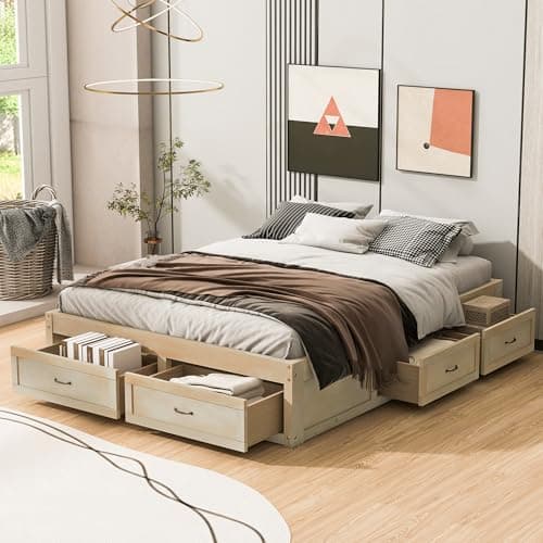 VOOTOLOVER Queen Size Contemporary Platform Bed with 6 Side Storage Drawers, Solid MDF & LVL Construction, Multi‑Color Options, No Box Spring Needed, Noise-Free, Easy Assembly, Antique Natural