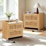 Matchelegant Fluted Night Stand Set of 2 with Charging Station, 25.2" Wide Farmhouse Nightstand with 2 Drawers, Wood Bedside Table End Table for Bedroom