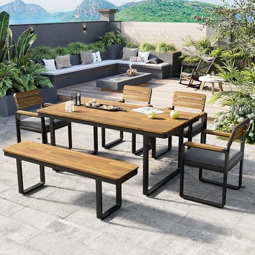 THINK 30 6-Piece Outdoor Dining Set, Acacia Wood, 1 Table with 4 Chairs & 1 Bench for 6-7 Person, Comfortable Cushions on Chairs, Adjustable Feet, for Patio, Garden, Backyard Dining, Gray Cushion