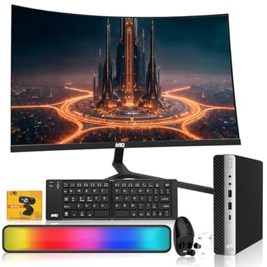 HP EliteDesk G5 Tiny Mini PC,Intel i5,16GB RAM,1TB SSD+500GB HDD,27" Curved Monitor,Foldable Wireless Keyboard/Mouse with Built-in Earbuds,RGB Soundbar,Webcam,USB WiFi & BT,Windows 11(Renewed)