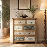 YOISDJL Accent Chest with 6 Drawers, Vintage Multicolor Carved Wood Dresser for Bedroom, Rustic Maximalist Furniture, Storage Dresser for Living Room, Farmhouse Decor, 25.6" W