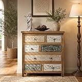 YOISDJL Accent Chest with 6 Drawers, Vintage Multicolor Carved Wood Dresser for Bedroom, Rustic Maximalist Furniture, Storage Dresser for Living Room, Farmhouse Decor, 25.6" W