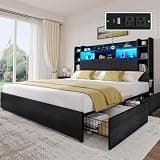 YITAHOME King Size Bed Frame with 51" Tall Bookcase Headboard and 4 Storage Drawers, RGB LED Bed Frame with Type-C & USB Charging Station Headboard Beds, No Box Spring Needed, Noise Free,Antique Black