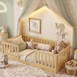 Mirightone Twin Floor Montessori Bed with House Shape Design & High Rails, Wooden Kids Bed Frame with Single Color Light, Low Profile Beds for Boys and Girls, Natural