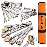 MoJoTools Ratchet Wrench Set, 16-Piece Flex-Head Ratcheting Combination Wrench Set, Metric Wrench Set 6–24 mm, 72-Teeth Cr-V, Nickel-Plated with Wrench Organizer Roll Bag