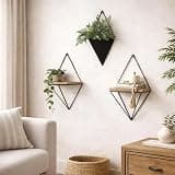 NBMFGD Geometric Wall Shelves Set with Hanging Planter, Black Metal Frame & Natural Wood Floating Shelves, Wall Mount Storage for Bedroom Living Room, Modern Home Decor