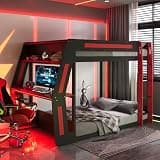 SUANGLNG Full Size Gaming Loft Bed with Side-Mounted Desk RGB Light Strip USB Ports MDF+Wood, 92.3" L x 55.6" W x 65" H(Red)