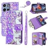 Dibosom Floral Wallet Case for Motorola Moto G 5G 2026 with Wrist Strap Shoulder Strap Flip Zipper Purse Card Holder,Luxury PU Leather Stand Sparkly Glitter Bling Cell Phone Cover for G 5G 2026 Purple