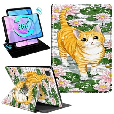 Gmeyutqy Case for iPad Air 13 Inch (M3/M2, 2025/2024) & iPad Pro 12.9 6th/5th/4th Gen, 360 Degree Rotating Swivel Stand Flip Leather Cover with Auto Sleep/Wake, Lotus Cat