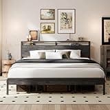 LIKIMIO California King Bed Frame with Headboard, Dark Wood Camas California King with Strong Supports, Sturdy, Noise-Free, No Box Spring Needed, Grey
