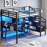 Bellemave Metal Full Size Loft Bed with Movable Desk and Storage Stairs,Heavy Duty Loft Bed Frame Full with LED Lights and Fabric Drawers for Kids,Teens,Adults,Black