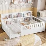 senfeii Full Size Floor Bed Frame with Guardrails and Storage Shelves, White Pine Wood Construction, 77x63.39x30.71 Inches, Montessori Style Platform Bed