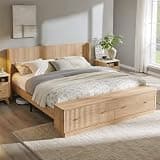 T4TREAM Fluted King Size Bed Frame with Wingback Headboard, Footboard Storage Bench with Built-in Drawers & Lift-Up Compartments, Wood & Steel Platform Bed, No Box Spring Needed, Natural Oak