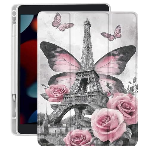 CozyNestCY France Eiffel Tower Case for Ipad Air 11 Inch 2024 Retro Roses Butterfly Cover Artistic Shell Auto Sleep/Wake Anti-Slip Shockproof Cover with Clear Back Shell & Pencil Holder(Girl Women)