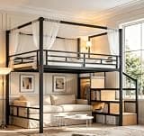 Bellemave Queen loft Bed with Storage Stairs, Wardrobe, Canopy Support Pole, Metal Loft Bed Frame for Adults, Kids, Teens, Canopy can be Disassembled, Black+Natural Wood