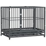 PawHut 43" Heavy Duty Dog Crate Metal Cage Kennel with Lockable Wheels, Double Door and Removable Tray, Gray
