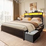 Forestell Full Size Bed Frame with Storage Headboard & 6 Drawers, Metal Platform Bed Frame with LED Lights & Charging Station, 2 Tier Shelf Storage Bedframe, No Box Spring Needed, Noise Free, Black