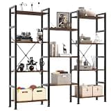DUMOS Triple Column 4 Tier Bookshelf, Wide Industrial Bookcase, Brown