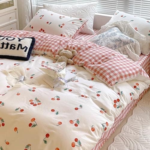 Bildenly Twin Size Duvet Cover Red Cherry Pattern - Checked Pattern Comforter Cover Soft & Lightweight Microfiber Quilt Cover with Zipper Closure and 1 Pillowcase