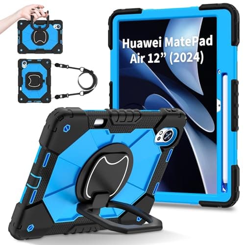 FONREST Rugged Case for Huawei MatePad Air (2024) 12 inch with Pencil Holder Rotating Hanging Ring Handle Swivel Kickstand, Heavy Duty Shock-Proof Armor Cover with Shoulder Strap (Black+Blue)