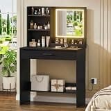 Diliplain Makeup Vanity Desk with Mirror and Lights, Vanity Table with Storage Drawer and Open Shelves, Dressing Vanity for Bedroom, Black