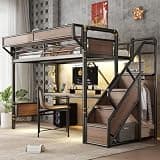 Bellemave Twin XL Loft Bed with Desk,& Pegboard, Metal Loft Bed Frame with Storage Stairs, Wardrobe & Beside Shelf, Heavy Duty Loft Bed Twin XL Size with Charging Station & LED Lights, Black