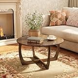 PADMA HOUSE Round Wood Coffee Table with Curved Legs, Farmhouse Cocktail Table for Living Room, Solid Circle Center Wooden Table, Brown Walnut Wood Tabletop & Legs 33.5" x 33.5"