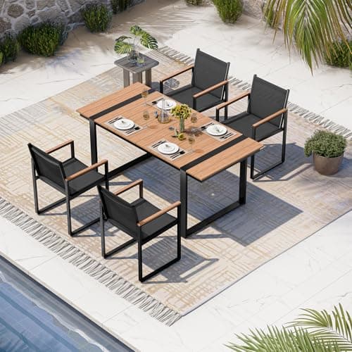 Oasbira Outdoor Table and Chairs of 4, Patio Dining Sets, HDPS + Aluminum Outdoor Furniture Set with Umbrella Hole, Patio Dining Table Set (Gray-Teak)
