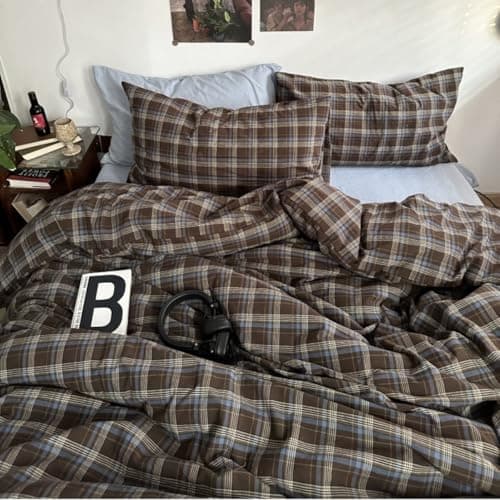 Bildenly Plaid Duvet Cover Full Size 3 Pieces Blue Brown Buffalo Gingham Comforter Cover Set Vintage Grid Checkered Soft Breathable Microfiber Bedding Set with Zipper Closure and 2 Pillowcases