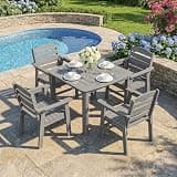 livewood 5-Piece Outdoor Dining Set for 4, HDPE Patio Dining Table and Stackable Chairs Set, Weather Resistant Square Table with Umbrella Hole for Garden, Backyard, Lawn and Poolside, Grey