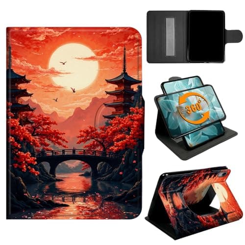360° Rotating Case for iPad A16 11th Generation 11 Inch 2025 & iPad 10th Generation 2022 with Hand Strap & Magnetic Clasp, PU Leather Stand Cover, Auto Wake/Sleep, Japanese Red Sun Cherry Blossom